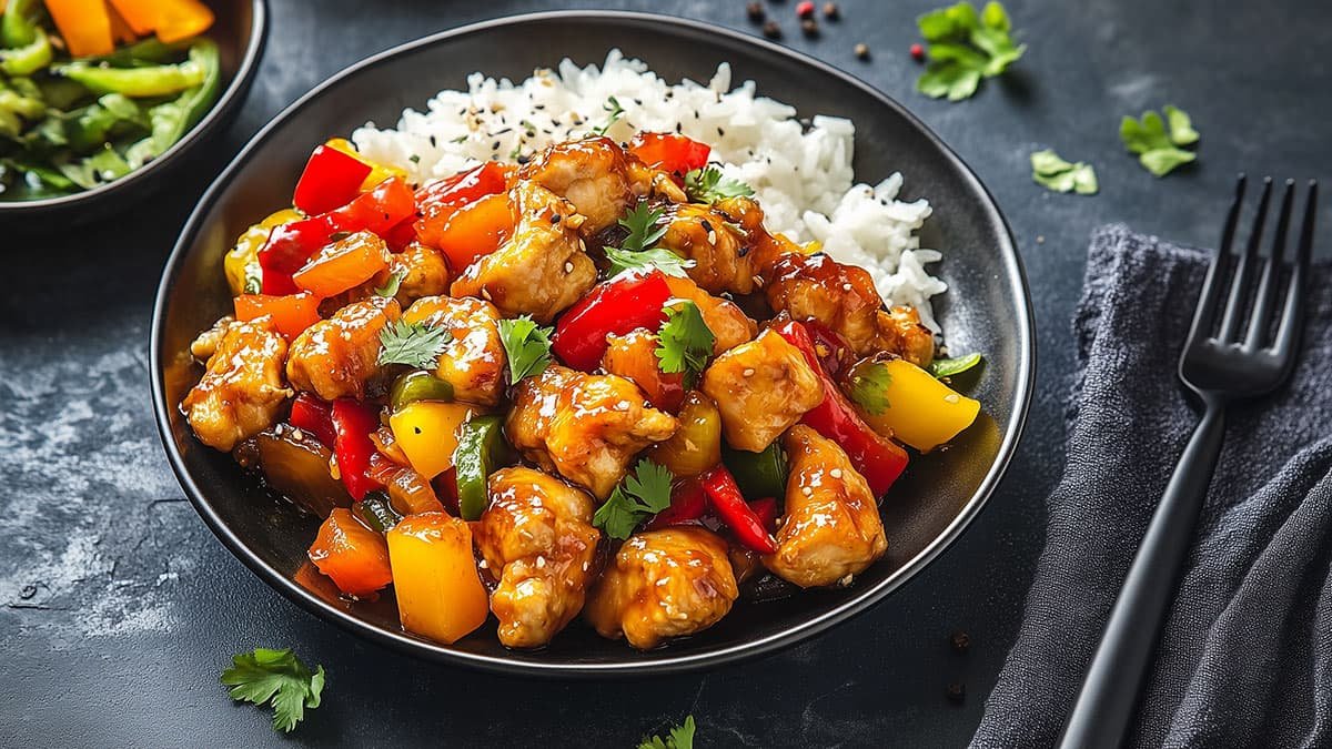A bowl on a table with pork, yellow and red bell peppers, and rice